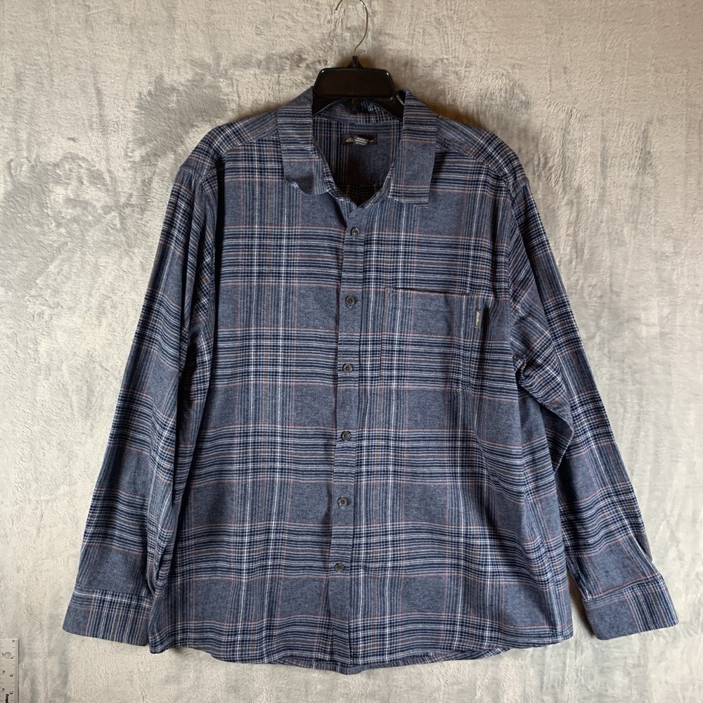 Eddie Bauer Men's Shirt XXL Button Up Flannel Thick Blue Plaid 100% Cotton‎ Long